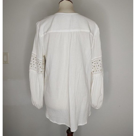 Max Studio Top Blouse Button Up Shirt White sz L Eyelet Balloon Sleeve… - Picture 5 of 8